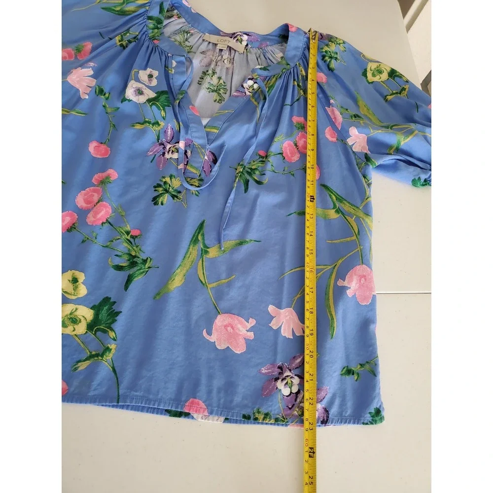 LOFT Womens Blue Floral Puff Short Sleeve Split Tie‎ Neck Cotton Blouse Small